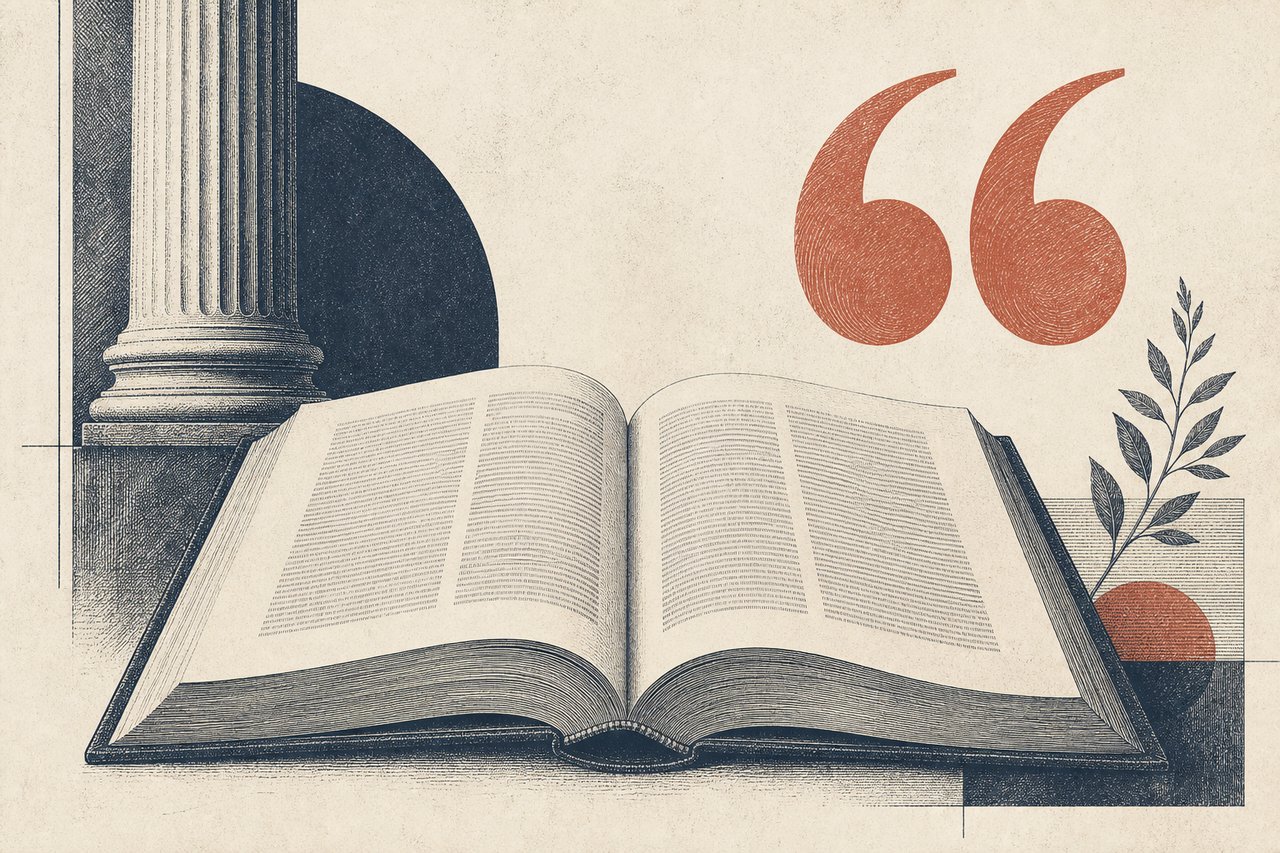 Illustration: an open book with columns of text and a quotation-mark motif.